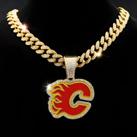 CALGARY FLAMES GEM NECKLACE Gold Bling NHL Hockey Hip Hop Pendant & 20"-28" Chain