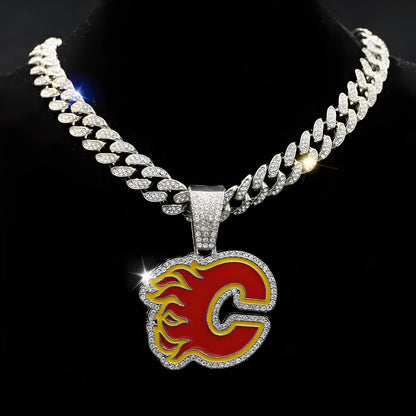 CALGARY FLAMES GEM NECKLACE Silver Bling NHL Hockey Hip Hop Pendant & 20"-28" Chain