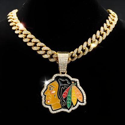 CHICAGO BLACKHAWKS GEM NECKLACE Gold Bling NHL Hockey Hip Hop Pendant & 20"-28" Chain