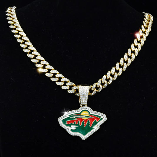 MINNESOTA WILD GEM NECKLACE Gold Bling NHL Hockey Hip Hop Pendant & 20"-28" Chain