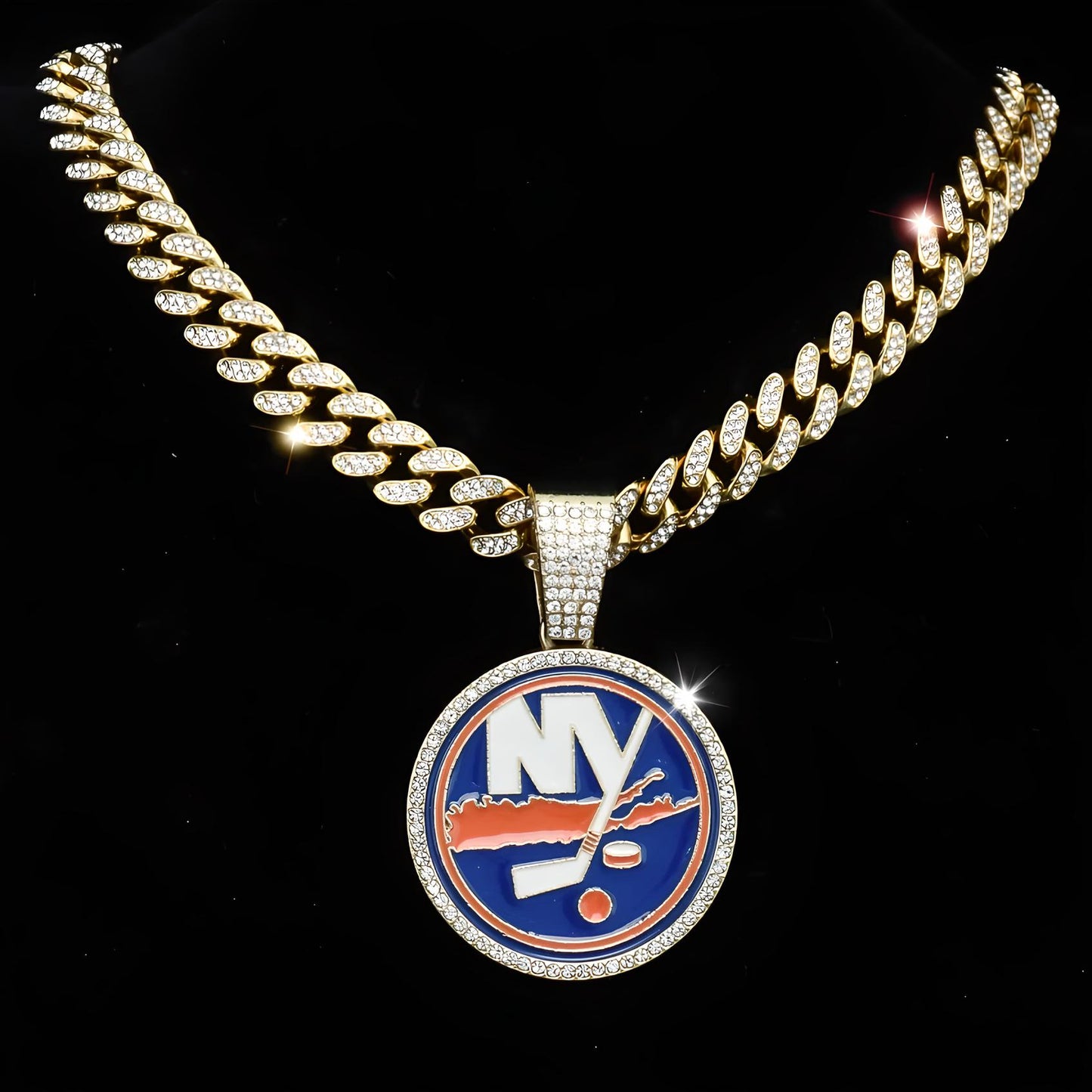 NEW YORK ISLANDERS GEM NECKLACE Gold Bling NHL Hockey Hip Hop Pendant & 20"-28" Chain