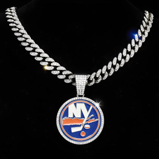 NEW YORK ISLANDERS GEM NECKLACE Silver Bling NHL Hockey Hip Hop Pendant & 20"-28" Chain