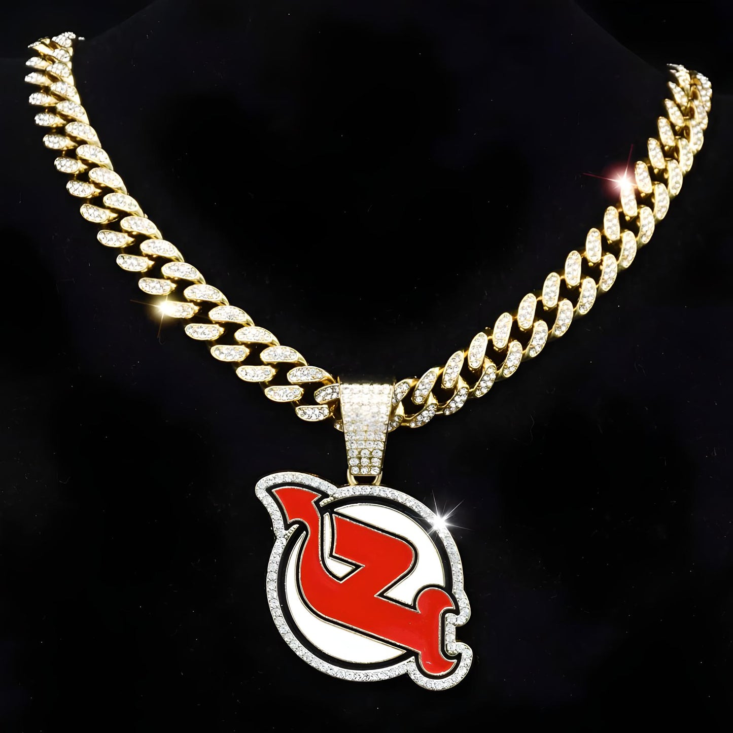 NEW JERSEY DEVILS GEM NECKLACE Gold Bling NHL Hockey Hip Hop Pendant & 20"-28" Chain