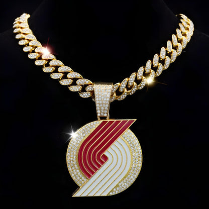 PORTLAND TRAIL BLAZERS GEM NECKLACE Gold Bling NBA Basketball Hip Hop Pendant & 20"-28" Chain