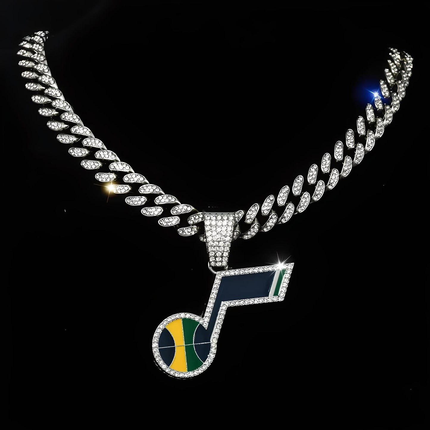 UTAH JAZZ GEM NECKLACE Silver Bling NBA Basketball Hip Hop Pendant & 20"-28" Chain