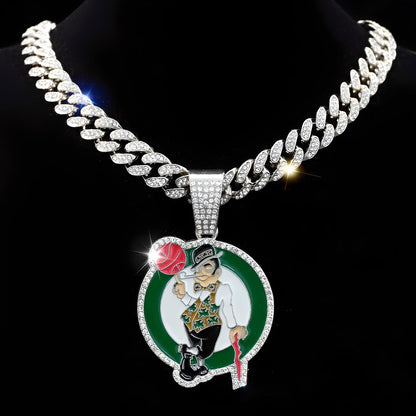 BOSTON CELTICS GEM NECKLACE Silver Bling NBA Basketball Hip Hop Pendant & 20"-28" Chain