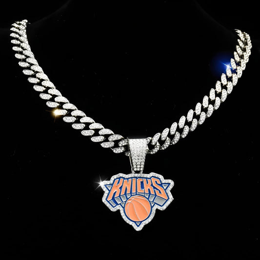 NEW YORK KNICKS GEM NECKLACE Silver Bling NBA Basketball Hip Hop Pendant & 20"-28" Chain