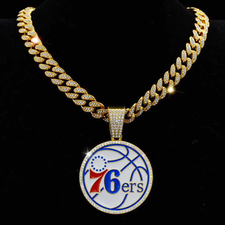 PHILADELPHIA 76ERS GEM NECKLACE Gold Bling NBA Basketball Hip Hop Pendant & 20"-28" Chain