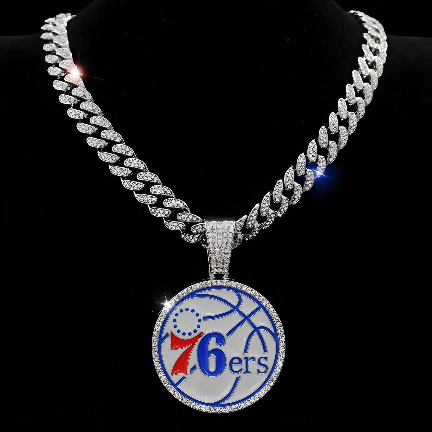 PHILADELPHIA 76ERS GEM NECKLACE Silver Bling NBA Basketball Hip Hop Pendant & 20"-28" Chain