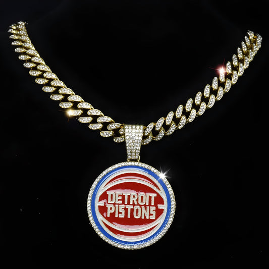 DETROIT PISTONS GEM NECKLACE Gold Bling NBA Basketball Hip Hop Pendant & 20"-28" Chain