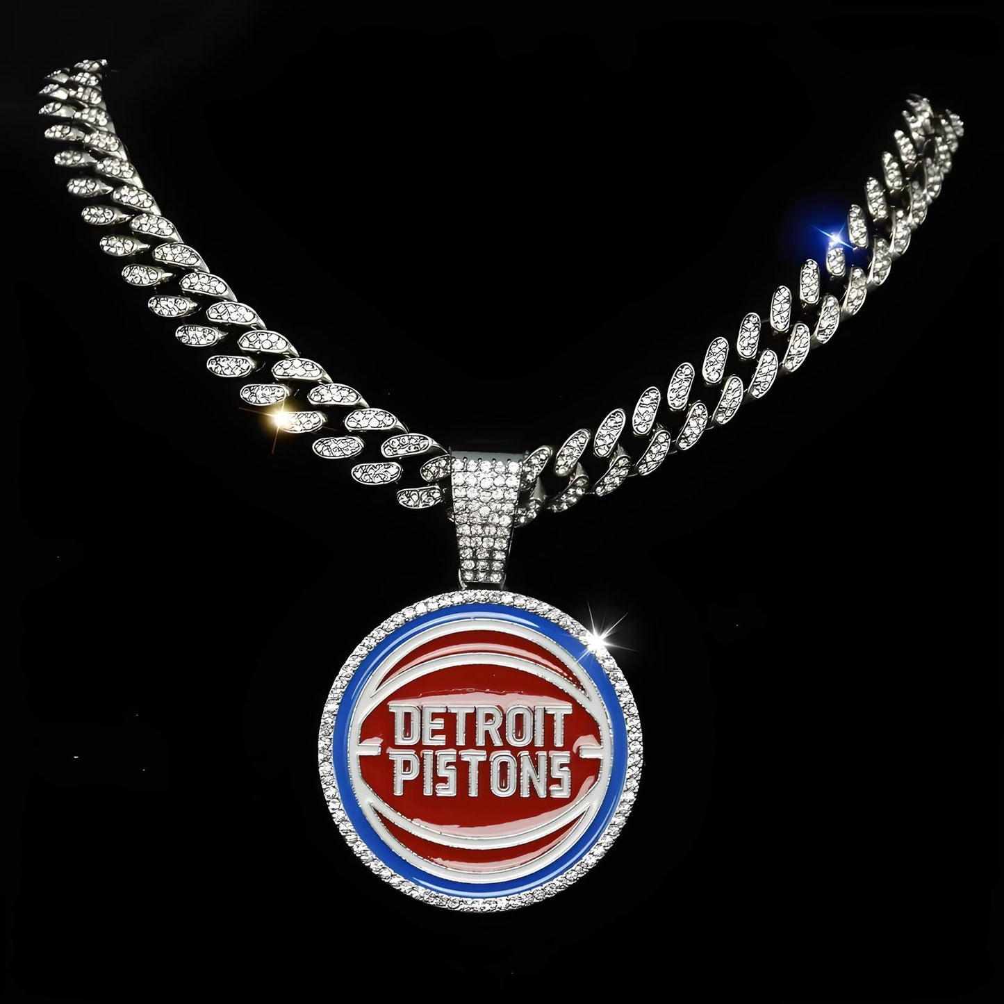 DETROIT PISTONS GEM NECKLACE Silver Bling NBA Basketball Hip Hop Pendant & 20"-28" Chain