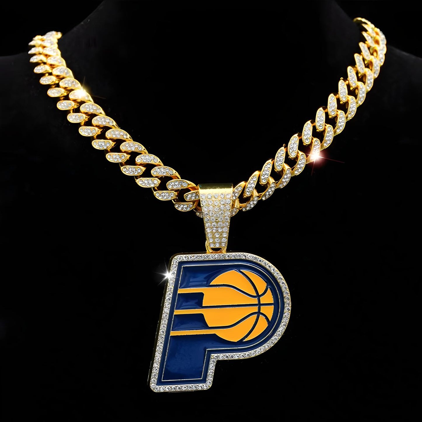 INDIANA PACERS GEM NECKLACE Gold Bling NBA Basketball Hip Hop Pendant & 20"-28" Chain