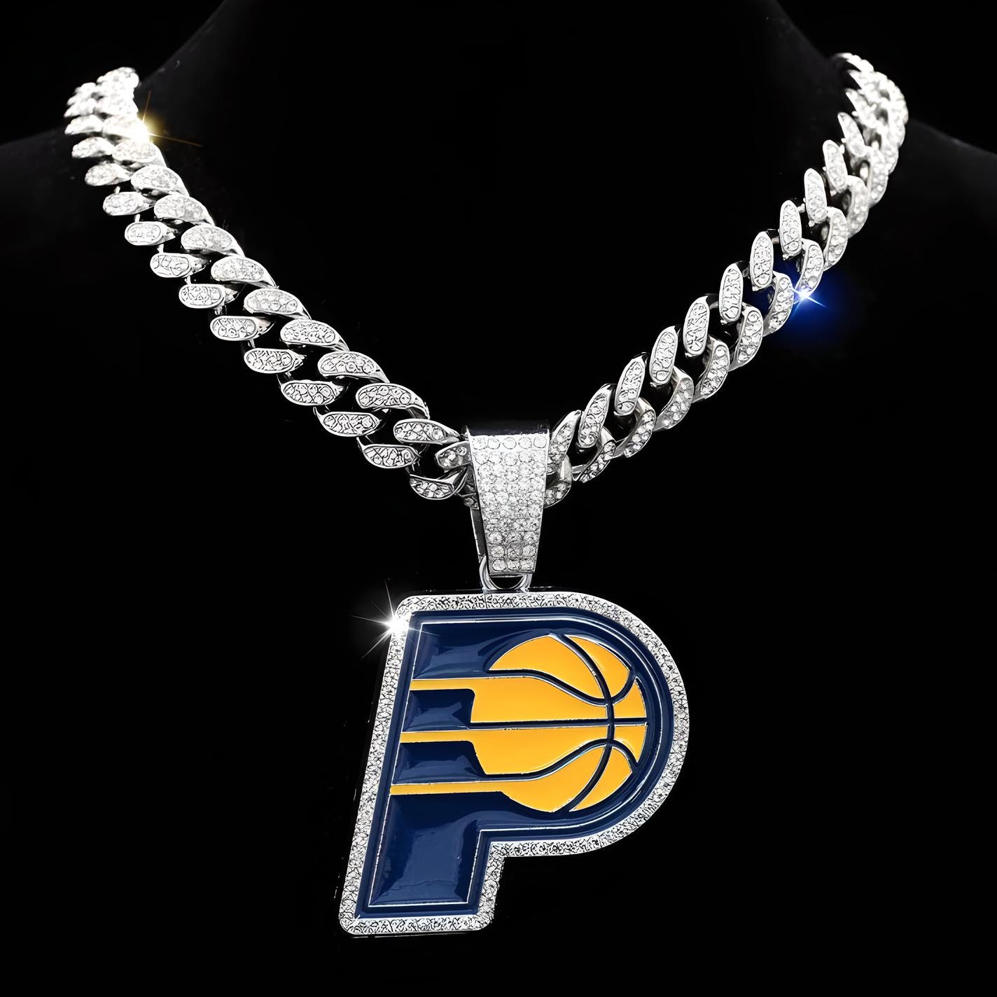 INDIANA PACERS GEM NECKLACE Silver Bling NBA Basketball Hip Hop Pendant & 20"-28" Chain