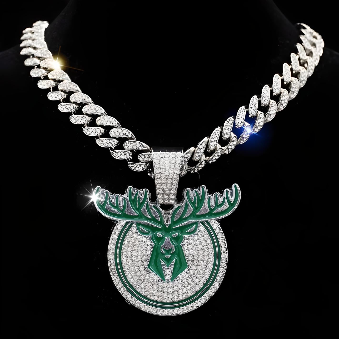 MILWAUKEE BUCKS GEM NECKLACE Silver Bling NBA Basketball Hip Hop Pendant & 20"-28" Chain