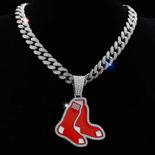 BOSTON RED SOX GEM NECKLACE Silver Bling MLB Baseball Hip Hop Pendant & 20"-28" Chain