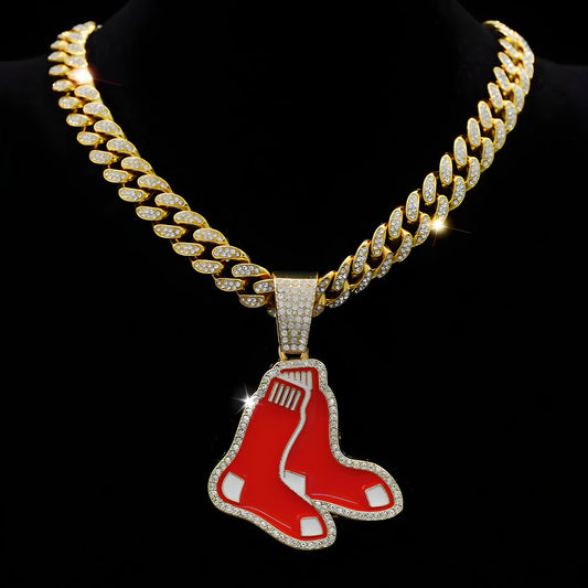 BOSTON RED SOX GEM NECKLACE Gold Bling MLB Baseball Hip Hop Pendant & 20"-28" Chain