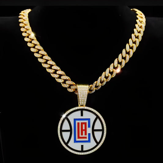 LOS ANGELES CLIPPERS GEM NECKLACE Gold Bling NBA Basketball Hip Hop Pendant & 20"-28" Chain