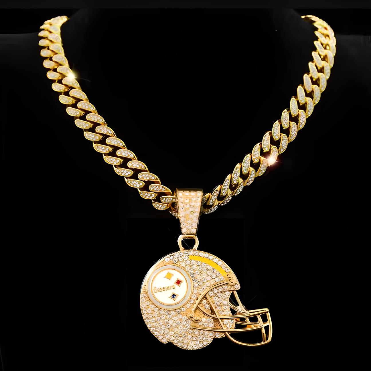 PITTSBURGH STEELERS GEM NECKLACE Gold Bling NFL Football Hip Hop Helmet Pendant & 20"-28" Chain