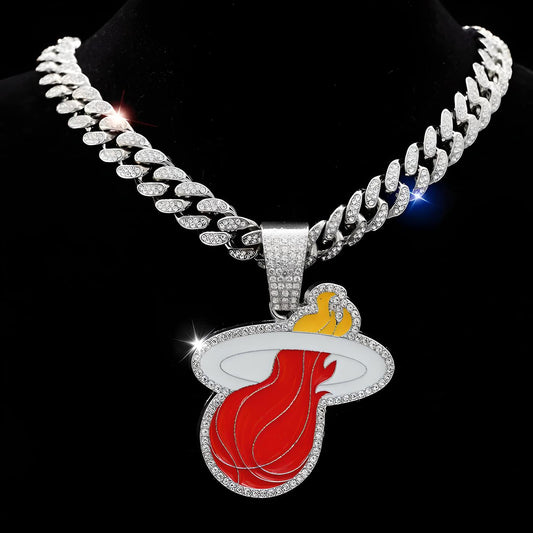 MIAMI HEAT GEM NECKLACE Silver Bling NBA Basketball Hip Hop Pendant & 20"-28" Chain