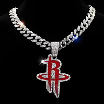 HOUSTON ROCKETS GEM NECKLACE Silver Bling NBA Basketball Hip Hop Pendant & 20"-28" Chain