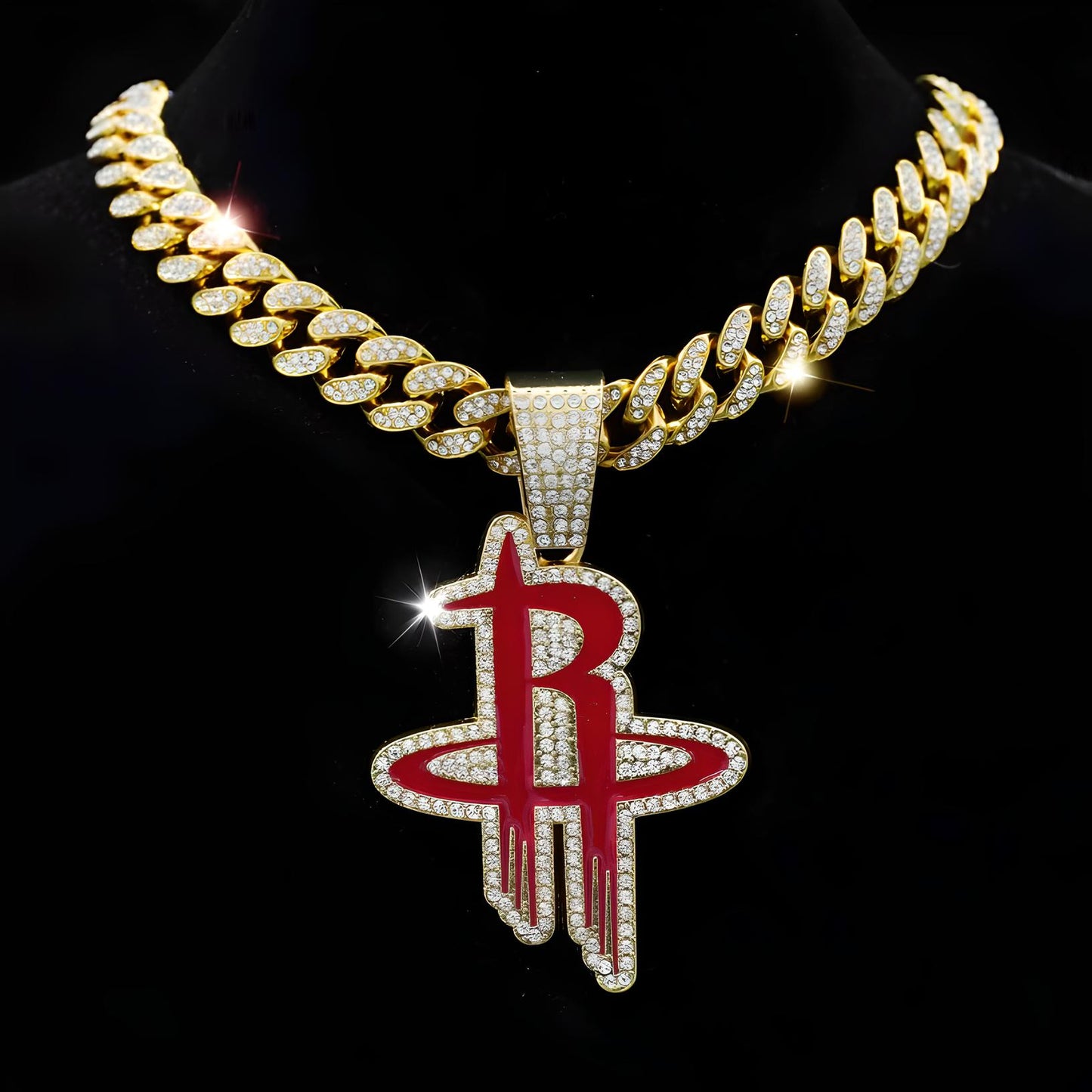 HOUSTON ROCKETS GEM NECKLACE Gold Bling NBA Basketball Hip Hop Pendant & 20"-28" Chain