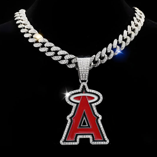 LOS ANGELES ANGELS GEM NECKLACE Silver Bling MLB Baseball Hip Hop Pendant & 20"-28" Chain