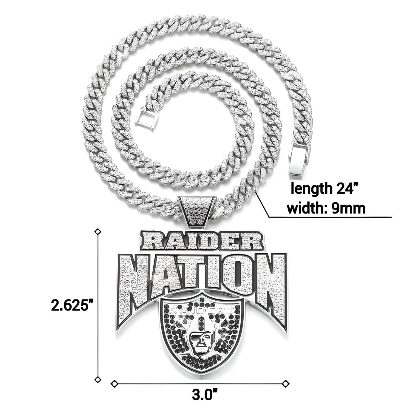 RAIDER NATION GEM NECKLACE Silver Bling NFL Football Hip Hop Las Vegas Raiders Pendant & 24" Chain