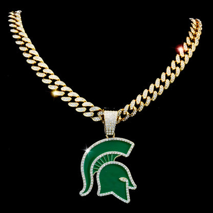 MICHIGAN STATE SPARTANS GEM NECKLACE Gold Bling NCAA University Hip Hop Pendant & 20"-28" Chain