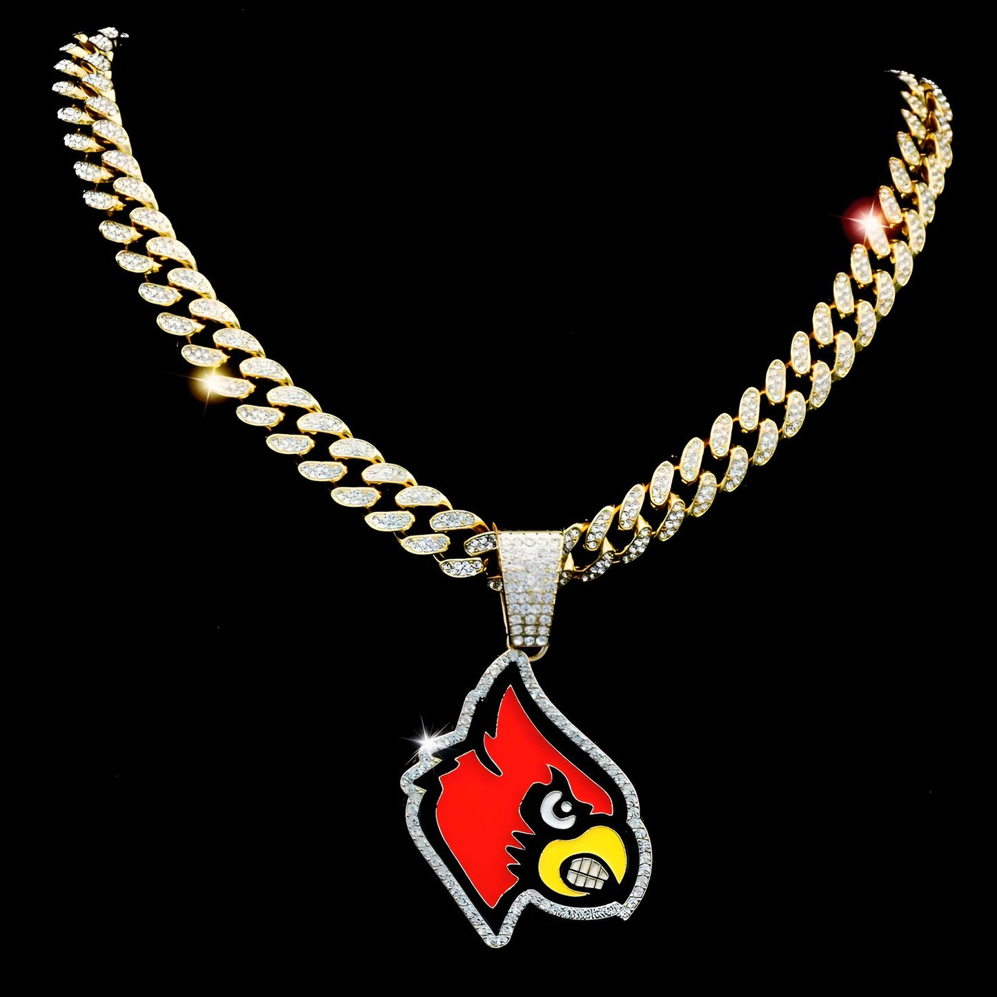 LOUISVILLE CARDINALS GEM NECKLACE Gold Bling NCAA University Hip Hop Pendant & 20"-28" Chain