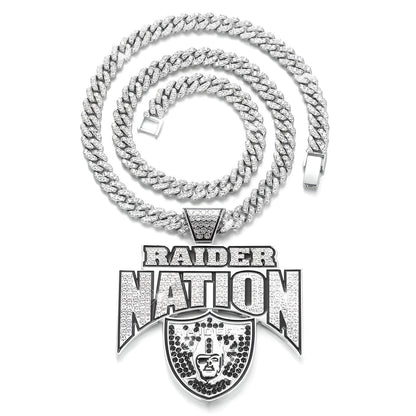 RAIDER NATION GEM NECKLACE Silver Bling NFL Football Hip Hop Las Vegas Raiders Pendant & 24" Chain