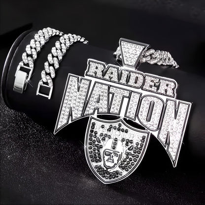 RAIDER NATION GEM NECKLACE Silver Bling NFL Football Hip Hop Las Vegas Raiders Pendant & 24" Chain