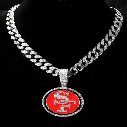 SAN FRANCISCO 49ERS GEM NECKLACE Silver Bling NFL Football Hip Hop Alt. Pendant & 20"-28" Chain