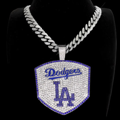 LOS ANGELES DODGERS LARGE GEM NECKLACE Silver Bling MLB Baseball Hip Hop XL Pendant & 24" Chain