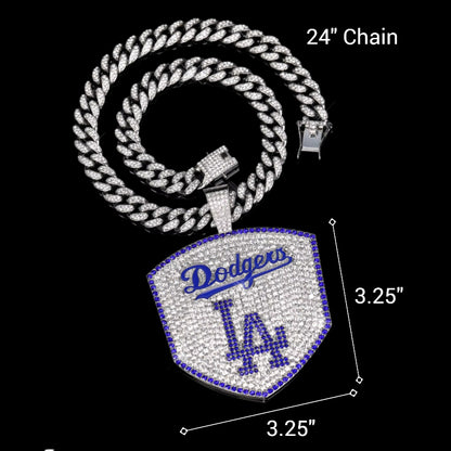 LOS ANGELES DODGERS LARGE GEM NECKLACE Silver Bling MLB Baseball Hip Hop XL Pendant & 24" Chain