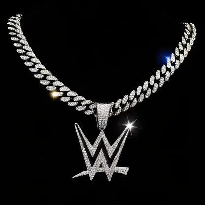 WWE GEM NECKLACE Silver Bling WWE Wrestling Logo Hip Hop Pendant & 20"-28" Straight Link Chain