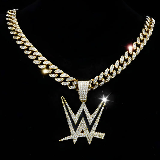 WWE GEM NECKLACE Gold Bling WWE Wrestling Logo Hip Hop Pendant & 20"-28" Straight Link Chain