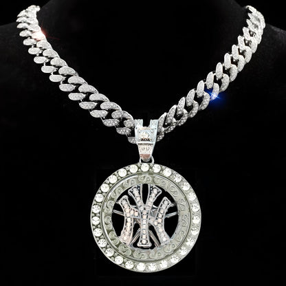 NEW YORK YANKEES GEM NECKLACE Silver Bling MLB Baseball Hip Hop Rotating Pendant & 20"-28" Chain