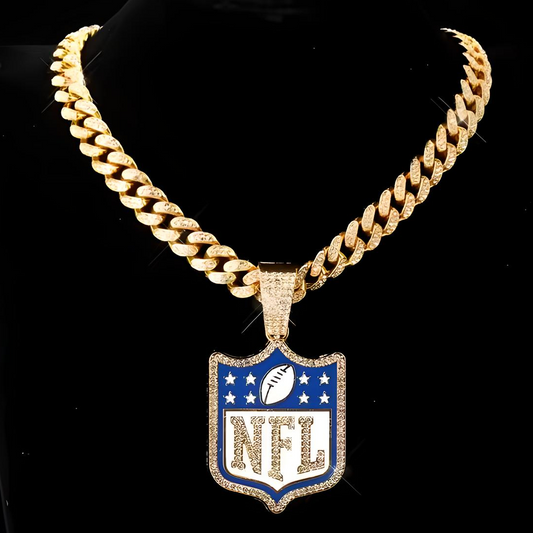 NFL SHIELD GEM NECKLACE Gold Bling Football Hip Hop Pendant & 20"-28" Chain