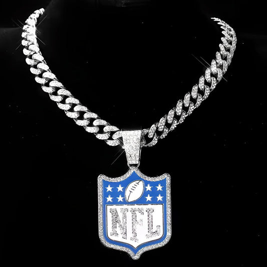 NFL SHIELD GEM NECKLACE Silver Bling Football Hip Hop Pendant & 20"-28" Chain