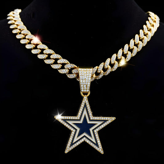 DALLAS COWBOYS GEM NECKLACE Gold Bling Hip Hop NFL Football Pendant & 20"-28" Chain