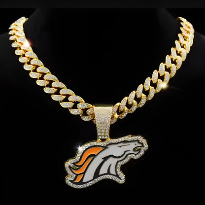 DENVER BRONCOS GEM NECKLACE Gold Bling NFL Football Hip Hop Pendant & 20"-28" Chain