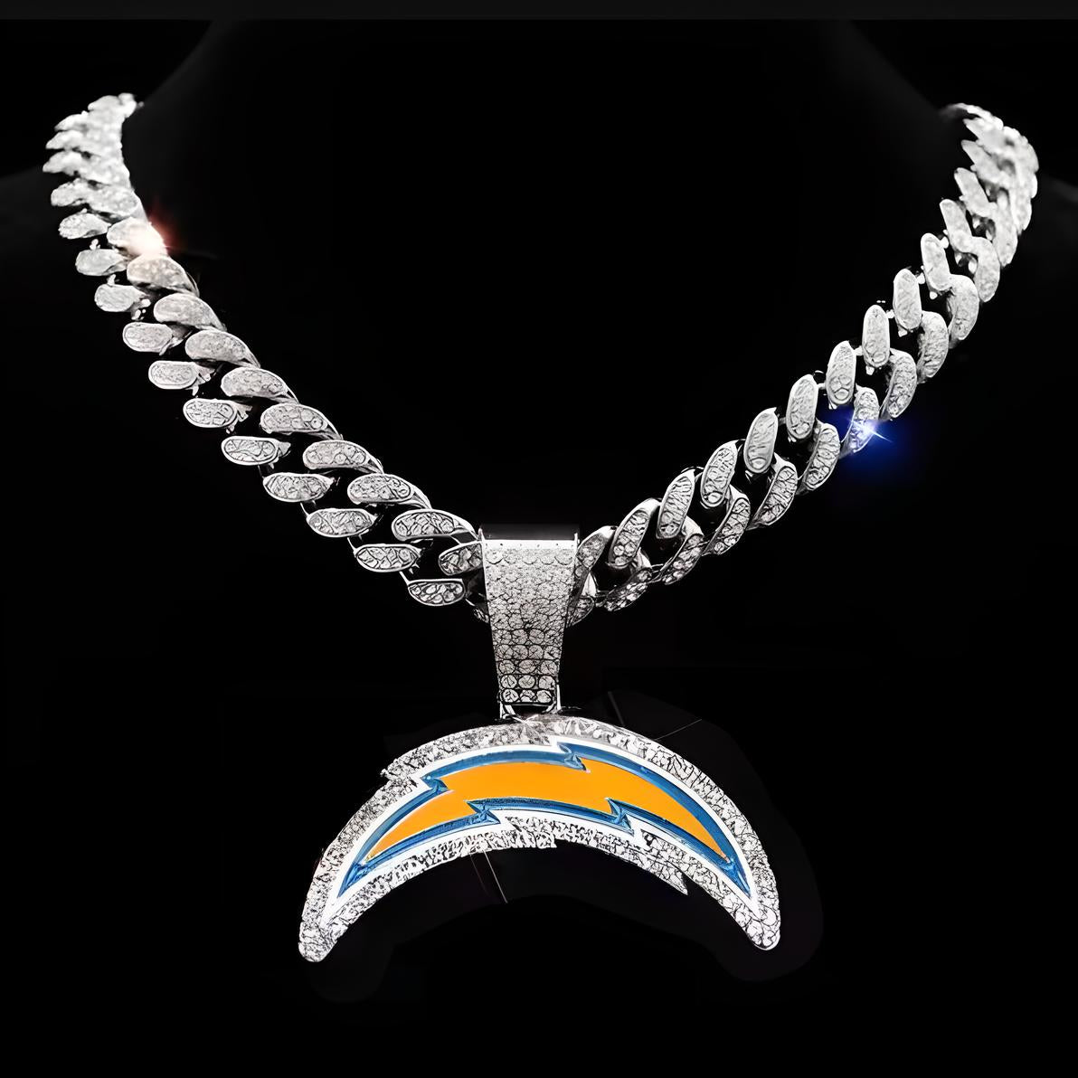 LOS ANGELES CHARGERS GEM NECKLACE Silver Bling NFL Football Hip Hop Pendant & 20"-28" Chain