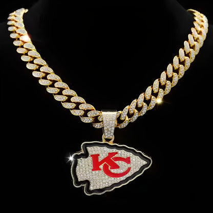 KANSAS CITY CHIEFS GEM NECKLACE Gold Bling NFL Football Hip Hop Pendant & 20"-28" Chain