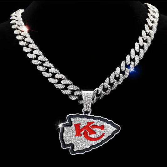 KANSAS CITY CHIEFS GEM NECKLACE Silver NFL Football Bling Hip Hop Pendant & 20"-28" Chain