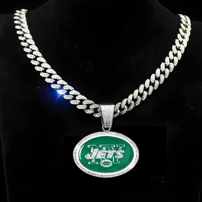 NEW YORK JETS GEM NECKLACE Silver Bling NFL Football Hip Hop Pendant & 20"-28" Chain