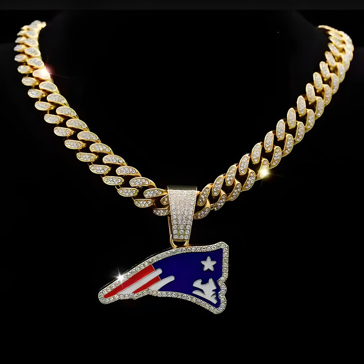 NEW ENGLAND PATRIOTS GEM NECKLACE Gold Bling NFL Football Hip Hop Pendant & 20"-28" Chain