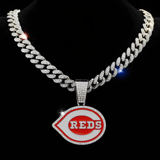 CINCINNATI REDS GEM NECKLACE Silver Bling MLB Baseball Hip Hop Pendant & 20"-28" Chain