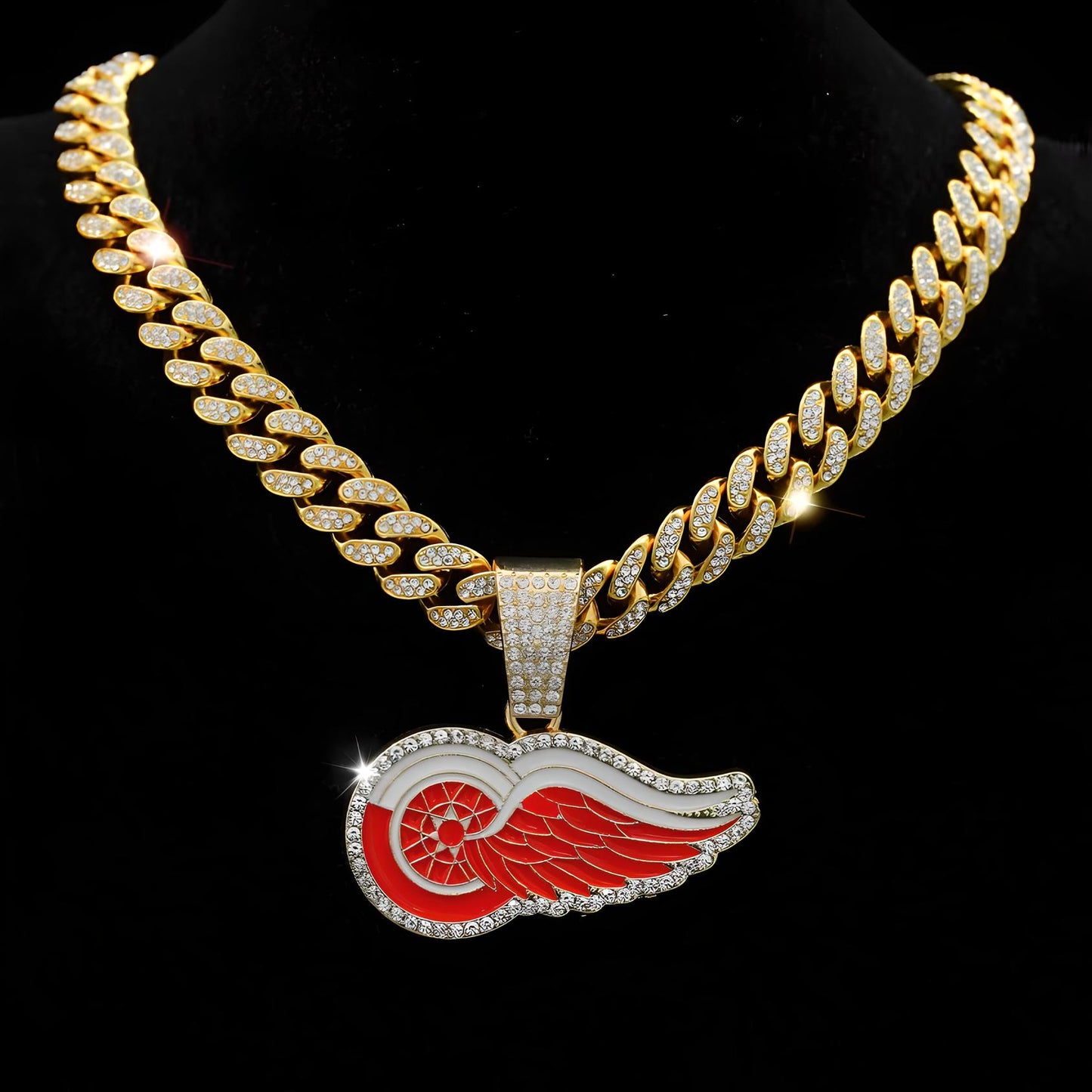 DETROIT RED WINGS GEM NECKLACE Gold Bling NHL Hockey Hip Hop Pendant & 20"-28" Chain