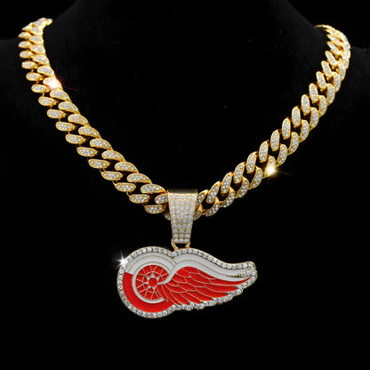 DETROIT RED WINGS GEM NECKLACE Gold Bling NHL Hockey Hip Hop Pendant & 20"-28" Chain