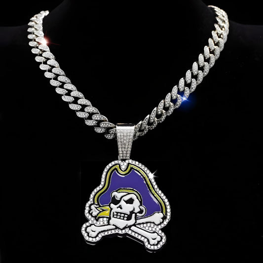 EAST CAROLINA PIRATES GEM NECKLACE Silver Bling NCAA University Hip Hop Pendant & 20"-28" Chain